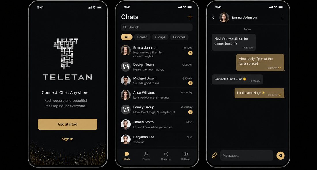 TeleTan onboarding, chat list and conversation screens